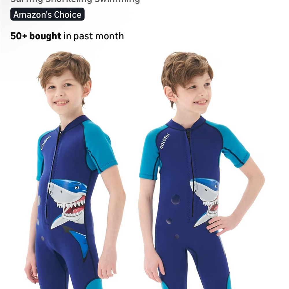 Kids Short Sleeve Shark One-Piece Swimsuit - Navy/Teal